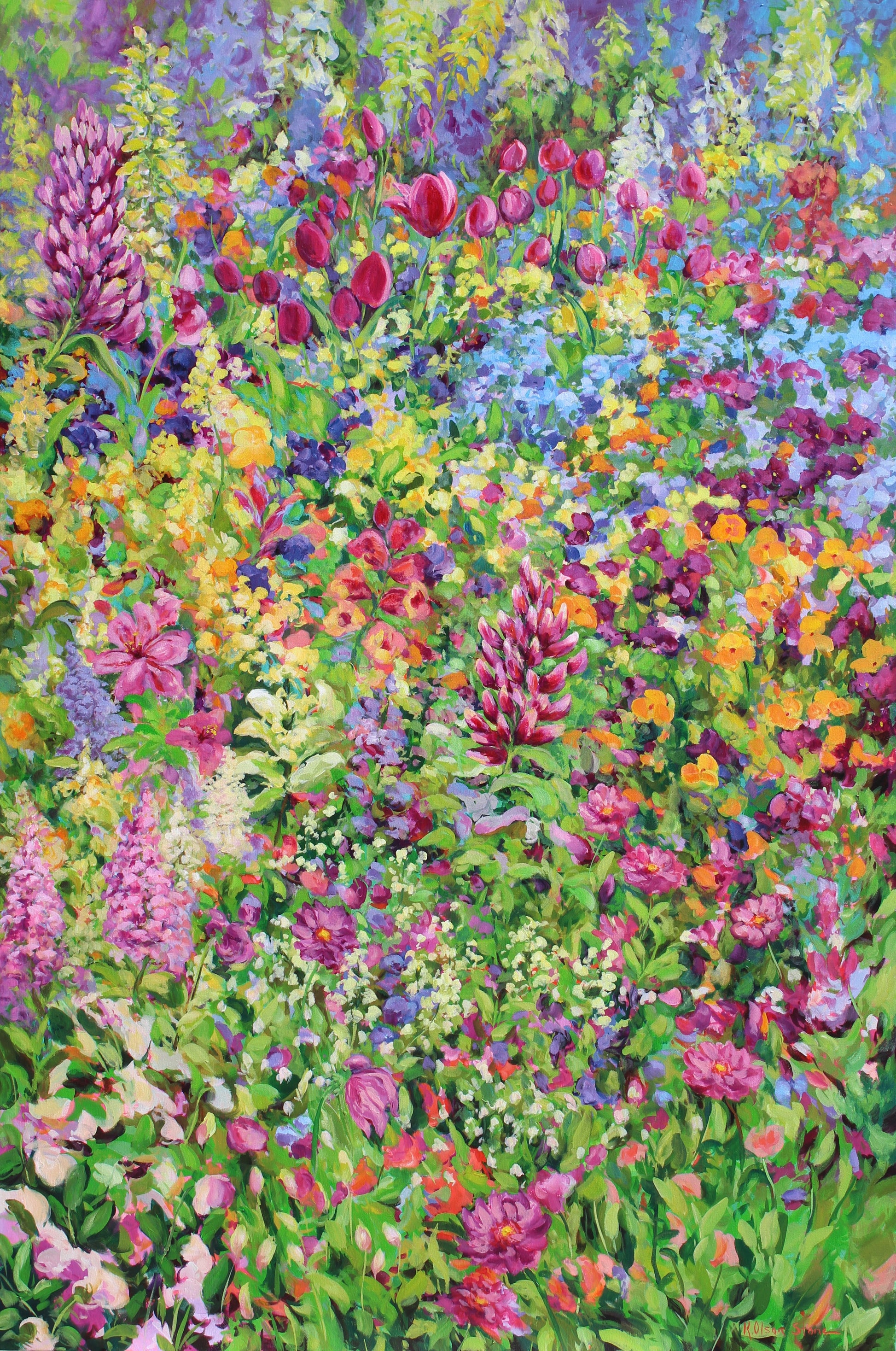 A vibrant impressionistic painting of a dense wildflower garden, featuring a rich mix of pink, purple, yellow, blue, and green hues.  Wall decor for art lovers.