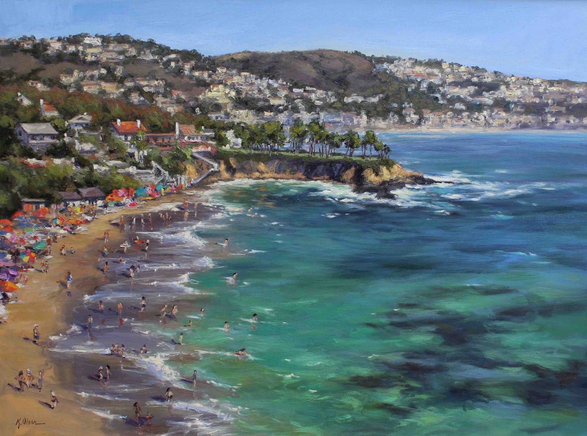 An original oil painting of Crescent Bay as viewed from Crescent Bay Point Park in Laguna Beach, California.  There are a lot of people and colorful umbrellas on the beach.