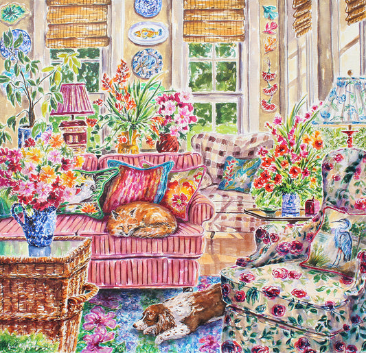 A vibrant and detailed watercolor painting of a room with floral arrangements, a dog, and a fox, featuring a mix of realism and impressionism styles.  Wall decor for art collectors