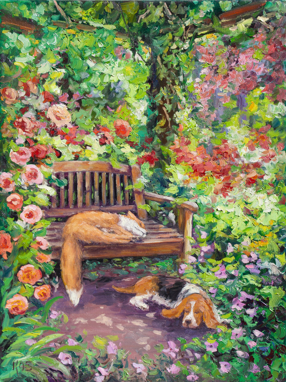 Impressionistic oil painting of a lush garden scene with a wooden bench, dense flowers in pink, red, and green, and two dogs resting on the ground.
