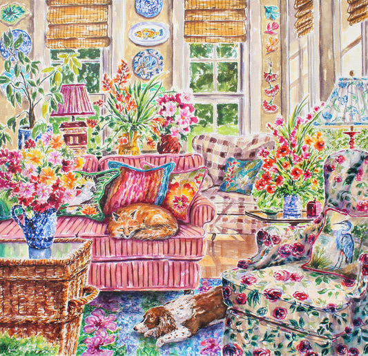 A vibrant watercolor painting featuring a dog and a fox in an interior setting with floral arrangements and patterned fabrics.  Wall decor for art collectors.