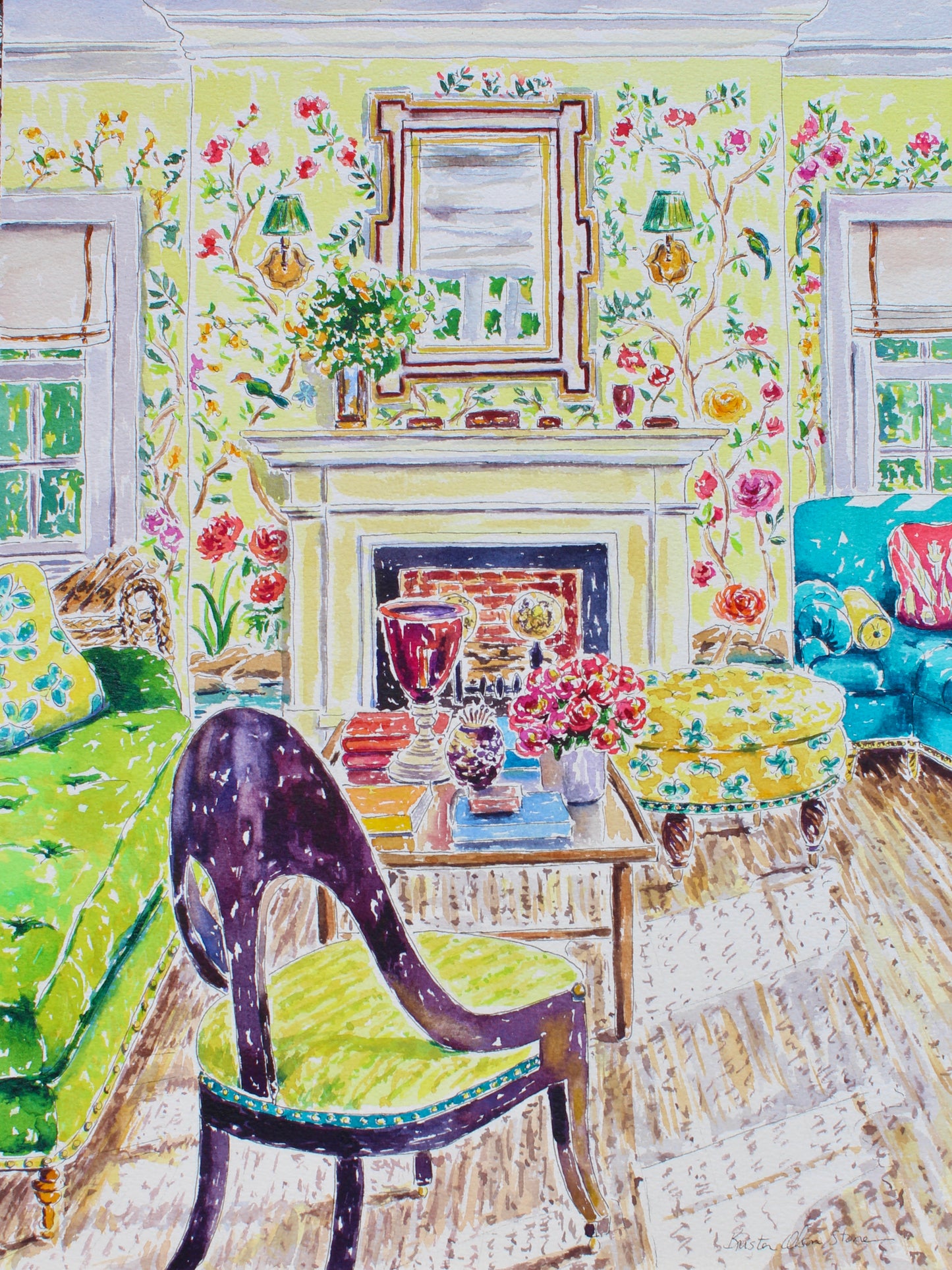 An original watercolor painting of a sunny room with a green velvet sofa, aqua sofa, and yellow De Gournay wallpaper featuring floral and birds.  Wall decor for art collectors. 