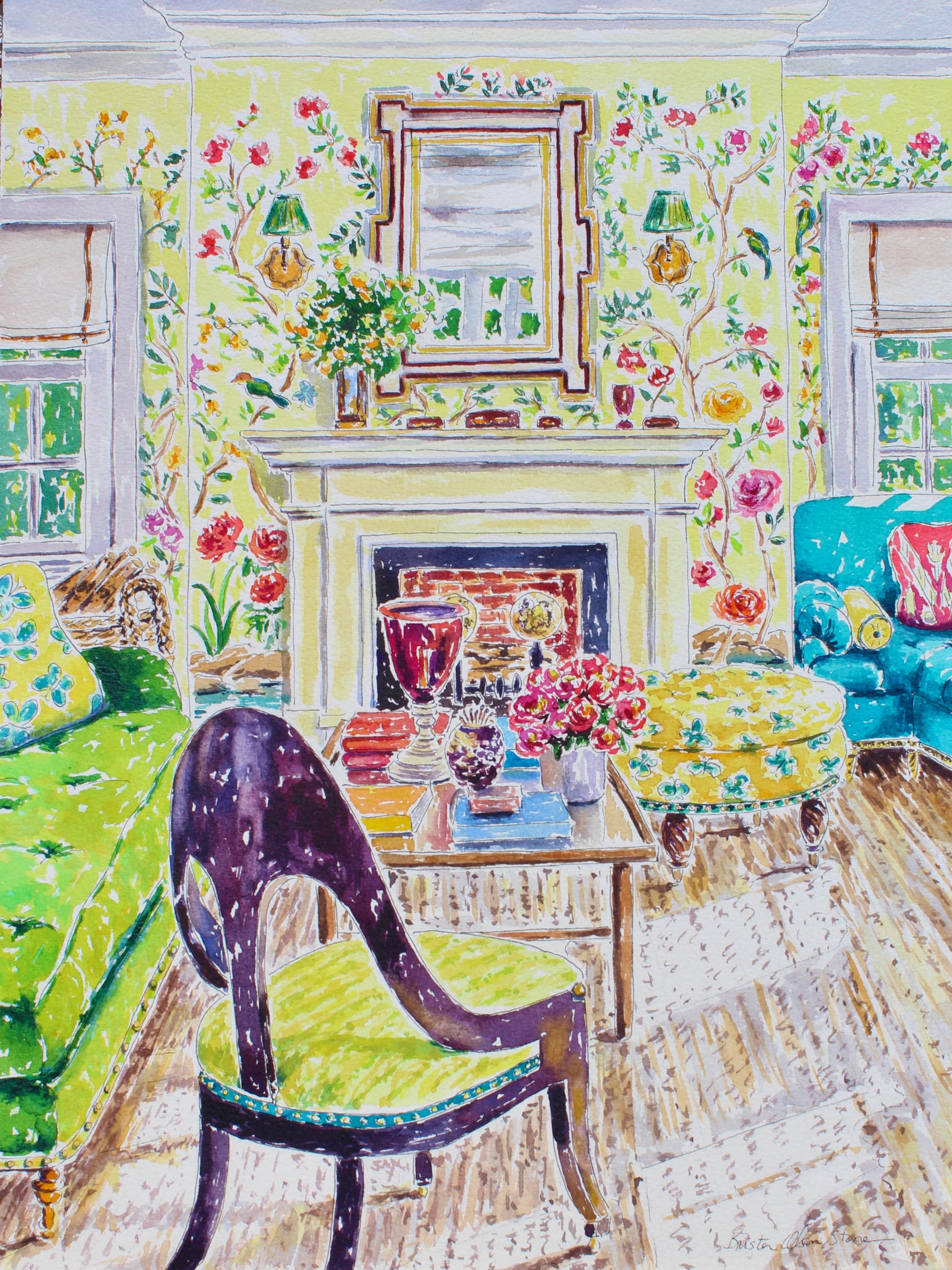 An original watercolor painting of a sunny room with a green velvet sofa, aqua sofa, and yellow De Gournay wallpaper featuring floral and birds.  Wall decor for art collectors. 