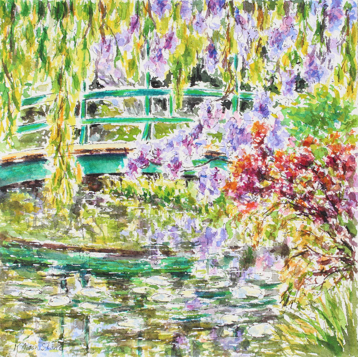 Impressionist-style watercolor painting of a pond scene with green foliage, purple wisteria flowers, a green bridge, and pink-red flowering shrubs reflected in the water.