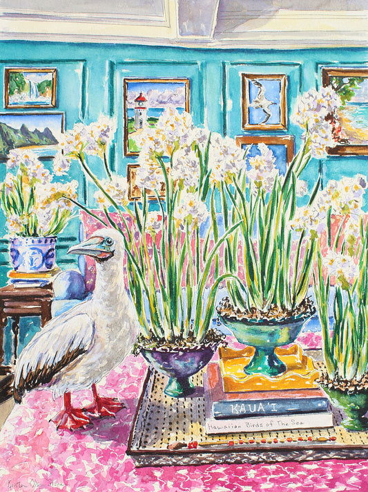 A giclee print of a watercolor and ink painting depicting a Red Footed Booby on an ottoman in a Kauai, Hawaii themed room with decorated walls, featuring paintings and a teal colored wall.  Wall decor for art collectors.