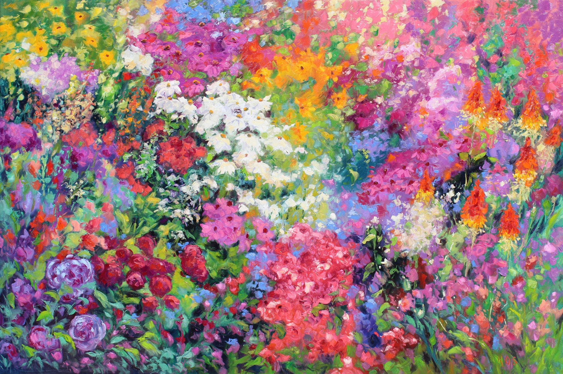 The Joyful Garden- Original Oil painting by fine artist Kristen Olson Stone. Impressionist vibrant flower garden wall art decor for collectors.