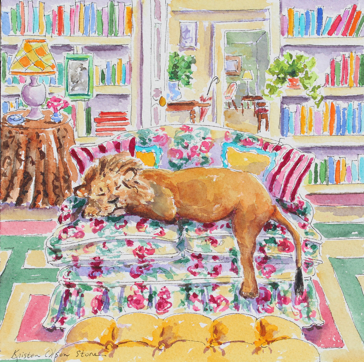 A colorful watercolor painting of a lion sleeping on a floral sofa in a book-filled living room. The artwork features a variety of bright colors and whimsical details, with the artist's signature 'Kirsten Olsen Stewart' visible in the lower-left corner.