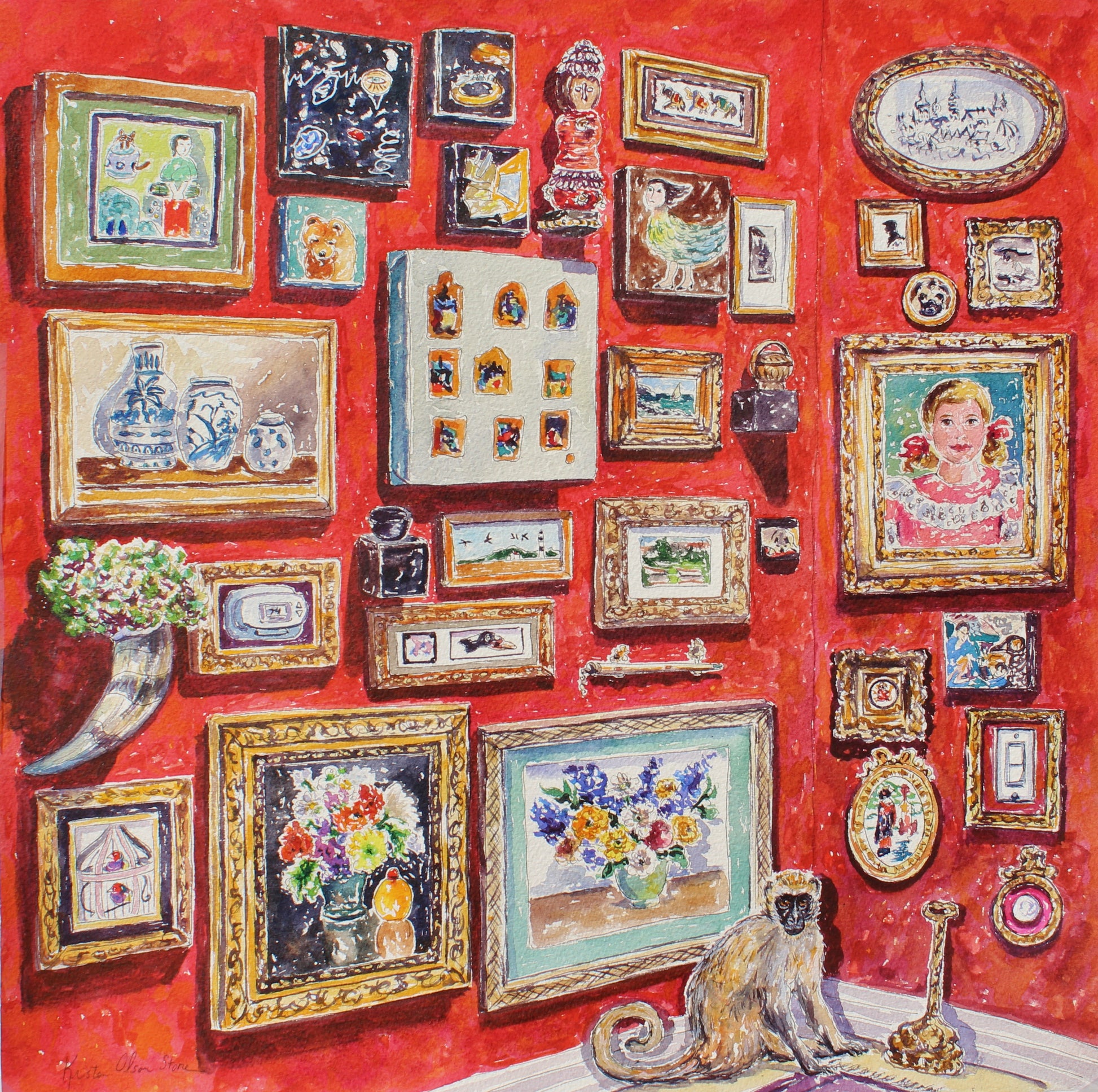 An original watercolor painting commission of a collection of paintings and objects displayed on a red wall.  A Verdet monkey is on the floor in the corner.  Wall decor for art collectors.