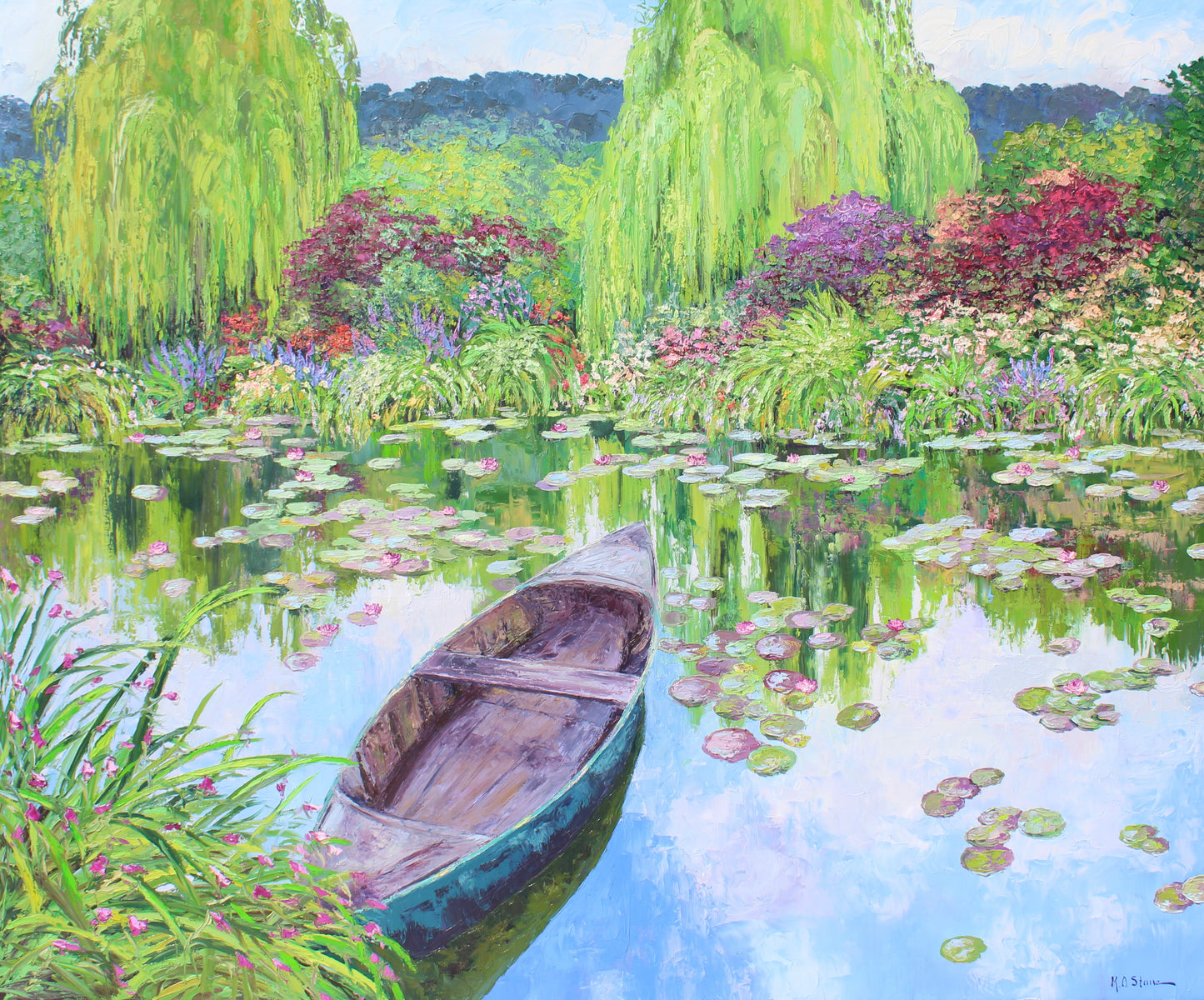 The Norwegian Boat At Giverny - Original Oil  painting by fine artist Kristen Olson Stone. Impressionist painting of Monet's Norwegian boat at the pond at Giverny France wall art decor for collectors