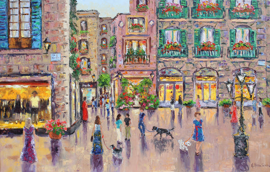 An impressionistic painting of a European street scene in Barcelona with colorful buildings, flower boxes on windows, pedestrians, and dogs on a wet cobblestone plaza.