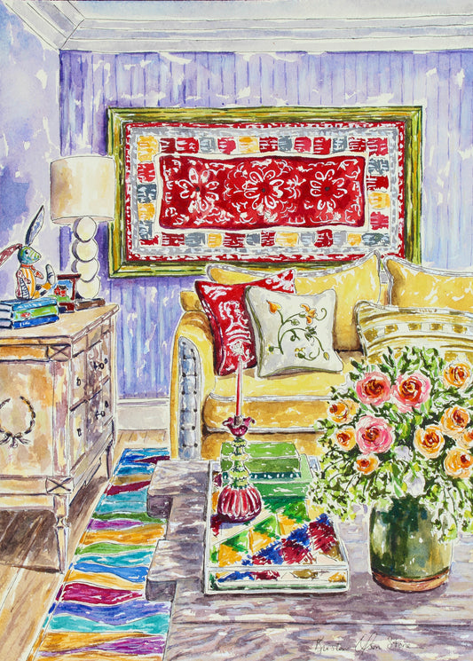 An original watercolor and ink painting of a decorated room with a colorful rug, floral decor, and a stuffed rabbit on a dresser.  Wall decor for art collectors.