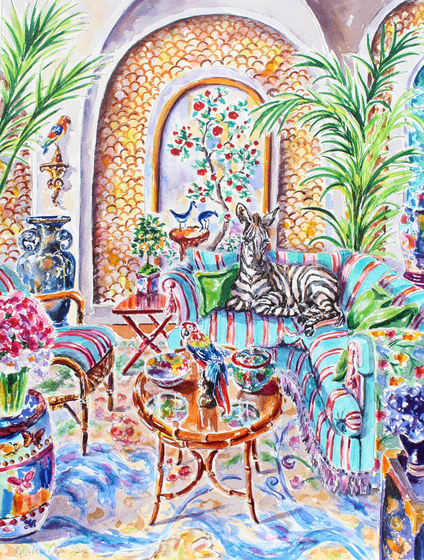 Colorful interior scene with a zebra, decorative furniture, and plants. Art decor for collectors.