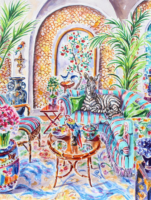 Colorful interior scene with a zebra, decorative furniture, and plants. Art decor for collectors.