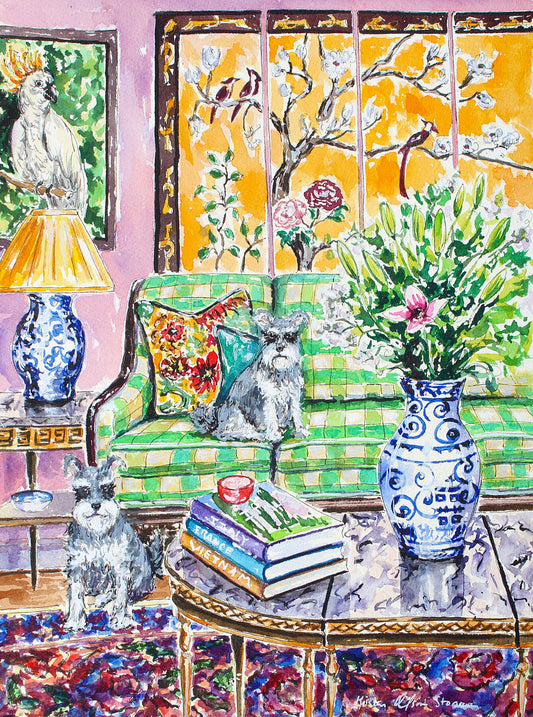 A Giclee print of two miniature schnauzers in an interior setting with Asian inspired decor, including a watercolor and ink painting style. Wall decor for art collectors
