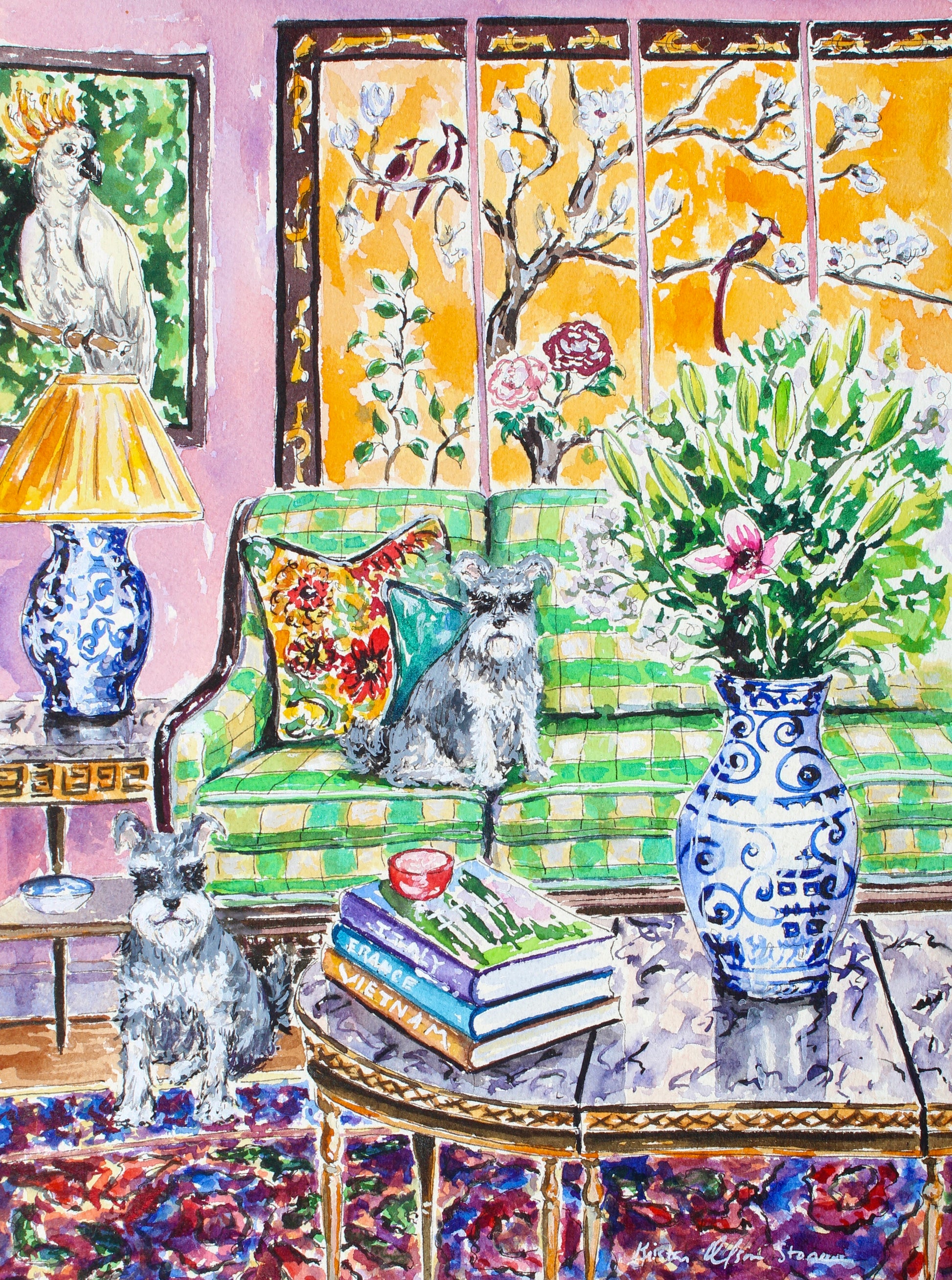 A watercolor painting of 2 mini schnauzers in a room with chinoiserie asian style decor.  Wall decor for art collectors.