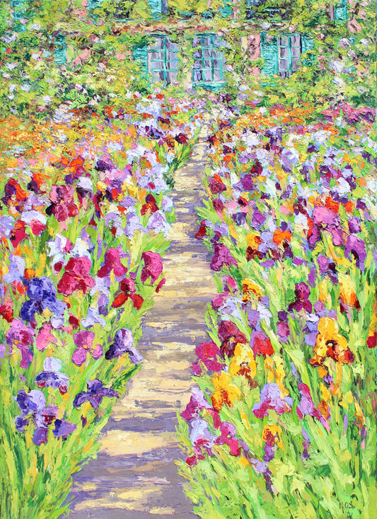 Original oil painting of a garden path lined with colorful iris flowers with sunlight and shadow on the path and Monet's home in the background with green shutters.  Wall decor for art collectors.