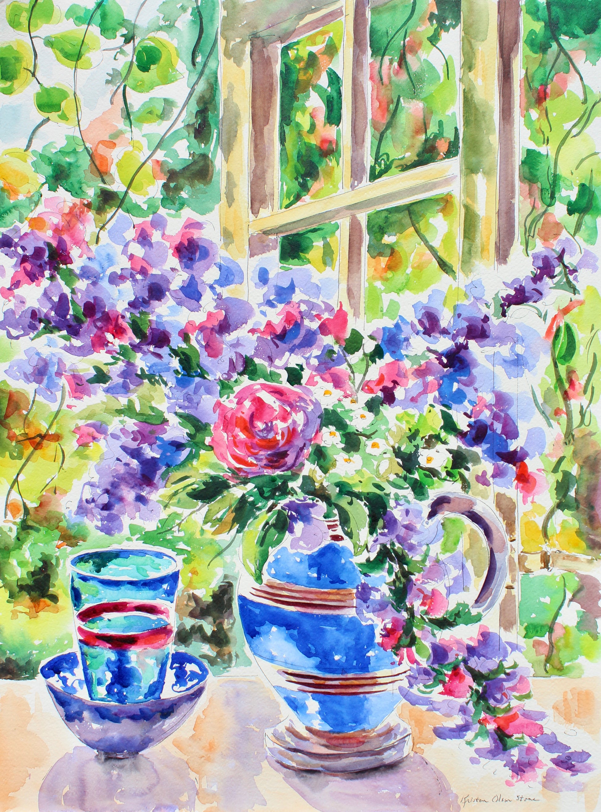 Original watercolor painting of a Colorful floral arrangement with a blue teapot and glass in a blue bowl on a windowsill, painted in a loose, expressive style with vibrant colors.  Wall decor for art collectors.