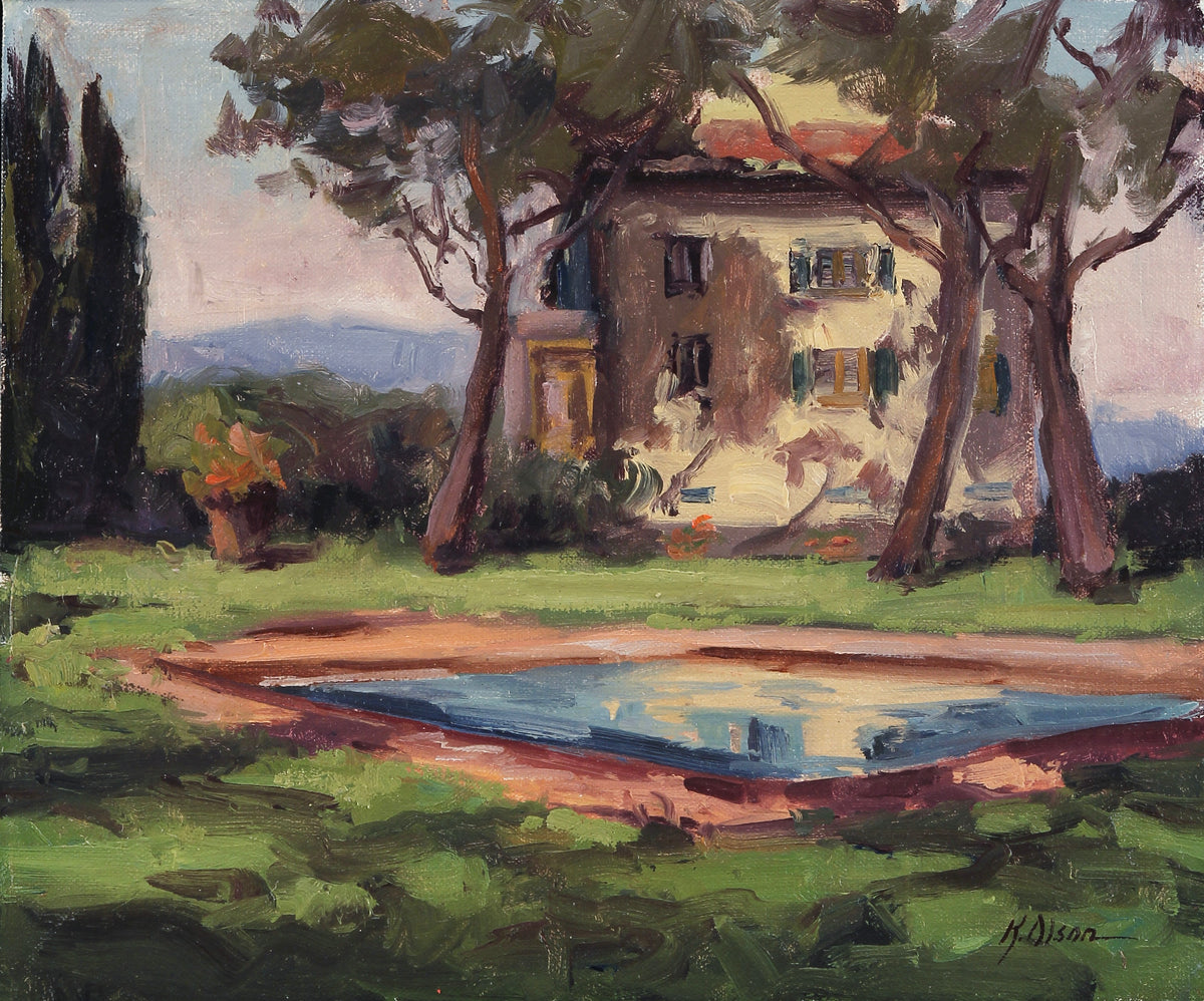 A painting of a villa surrounded by trees and a body of water, with a clear blue sky in the background.