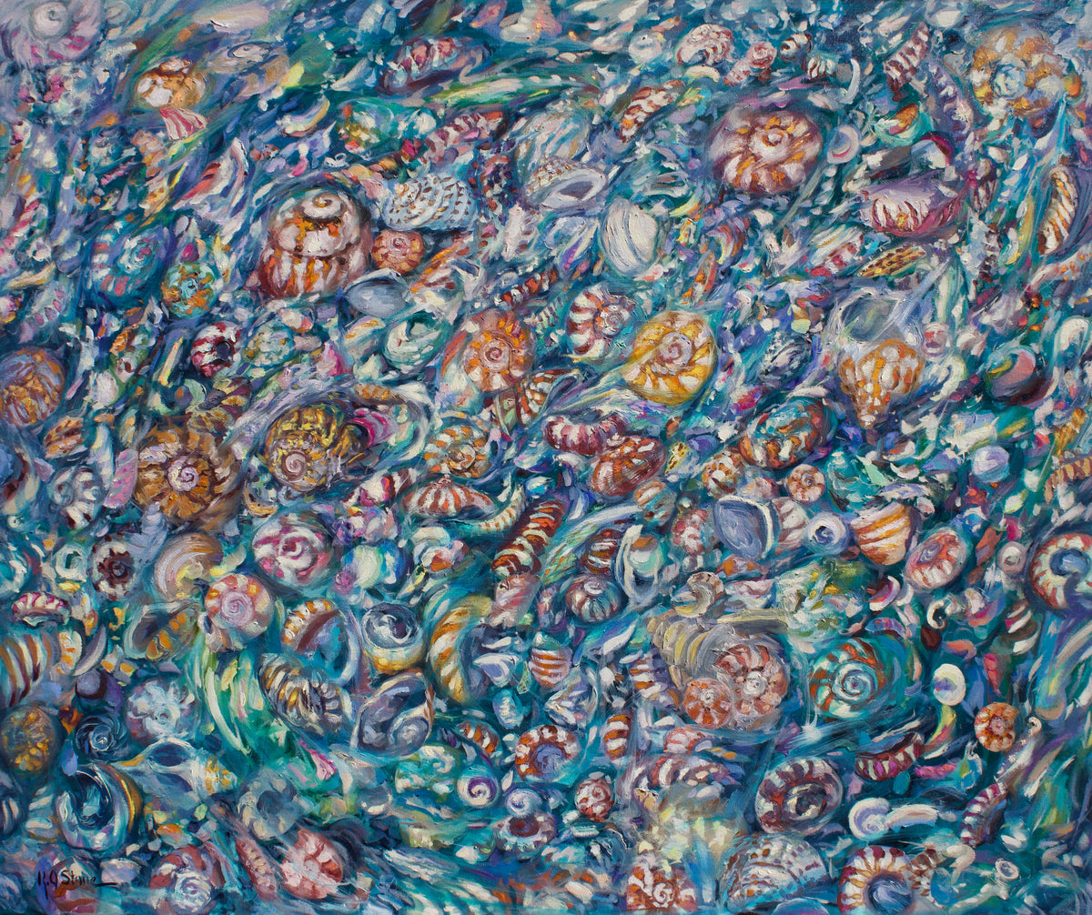 A dense, colorful artwork filled with swirling blue, teal, purple, pink, orange, and white brushstrokes and shell-like spiral motifs, with no visible person, animal, packaging, or real environment.