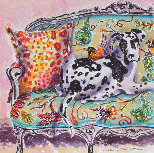 Colorful painting of a dalmatian dog on an ornate couch with floral patterns.  Wall decor for art collectors.
