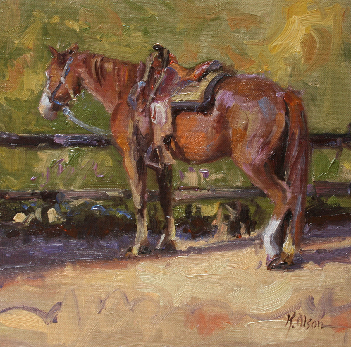 An oil painting of a trail horse standing by a fence, with a riderless saddle on its back. The horse is brown with a blue glow on its rump and a warm orange tone on its stomach.