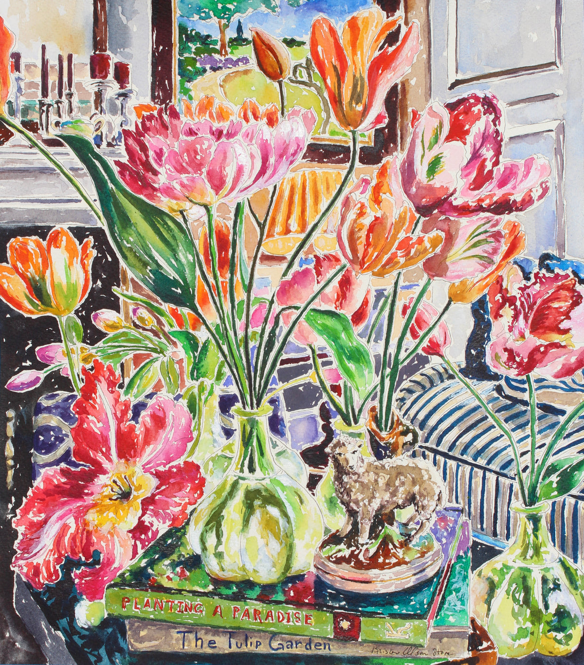 A vibrant watercolor painting of various colored tulips in vases, with a green backdrop and a window in the background, on a table with a book and a sheep figurine.