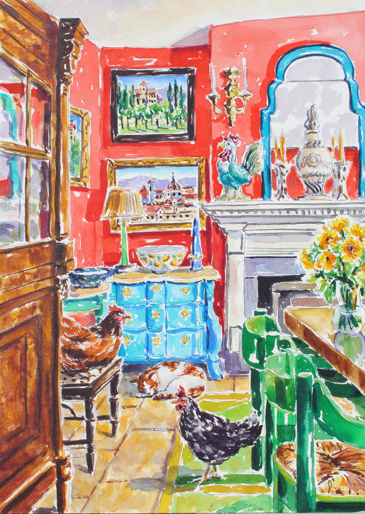 Colorful interior scene with a fireplace, table, and various decorative items. Paintings of Tuscany and Florence hang on the wall and pet chickens roam around the room.  A cat sleeps on the floor beneath a blue dresser.  Italian ceramics are in the room including a ceramic chicken and a bowl with lemons. A vase of sunflowers is on the table.