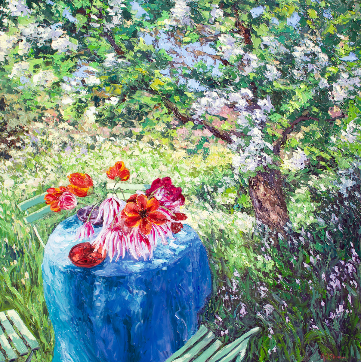 Painting of flowers on a blue table with a garden background