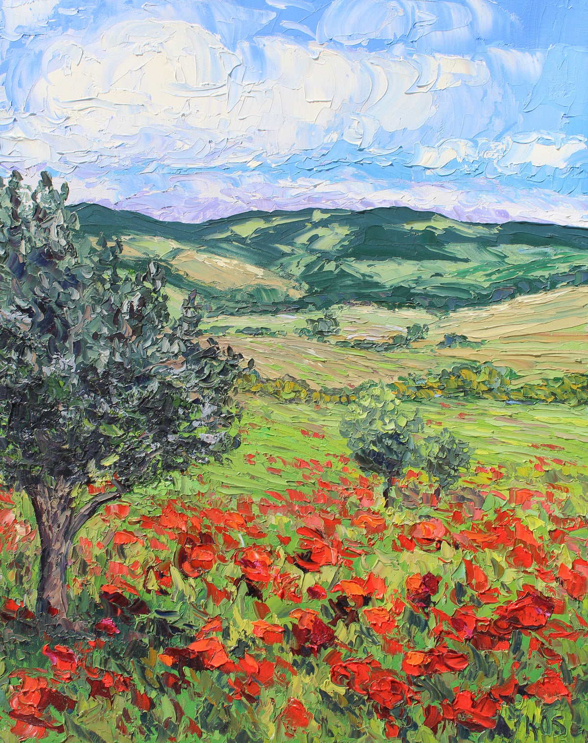 An original textured oil painting of a field of red poppies with olive trees and mountains an clouds.
