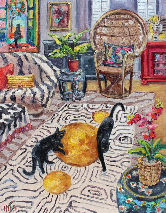 Colorful interior scene with two cats on a patterned rug, surrounded by furniture and decor.  Wall decor for art lovers.