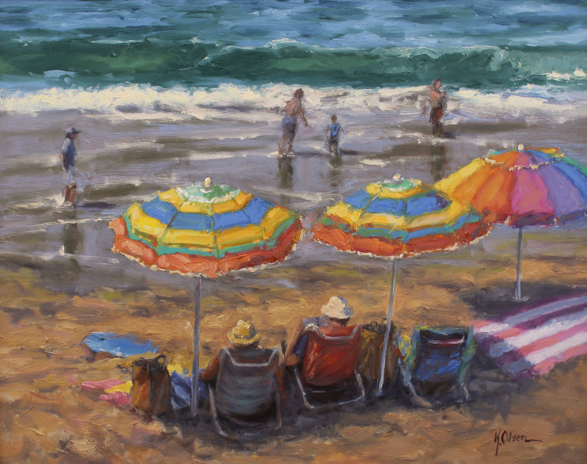 An original oil painting of people on the beach and colorful umbrellas.