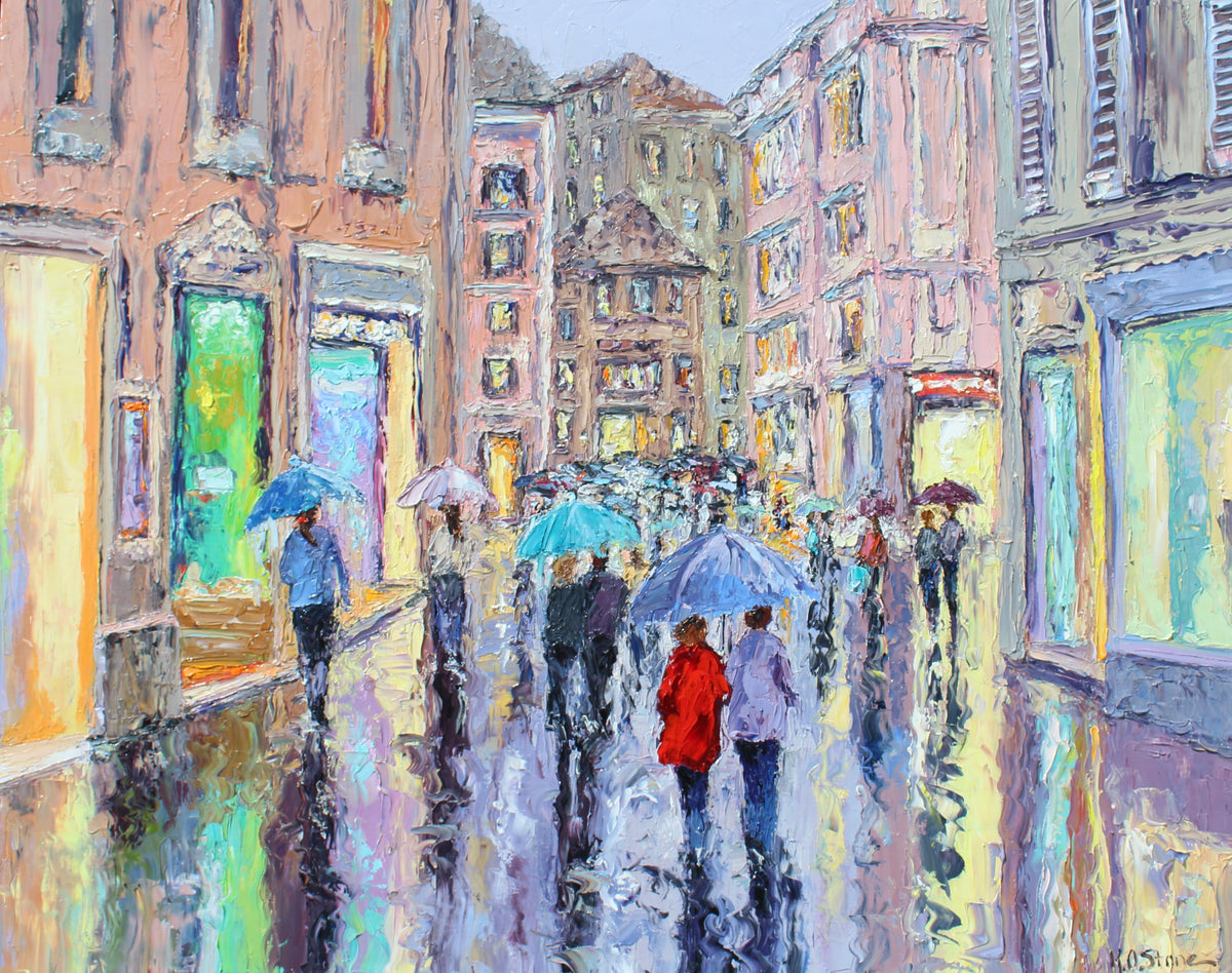 An oil painting depicting a rainy day on Via del Corso, Rome's main shopping street, with people strolling and using umbrellas.