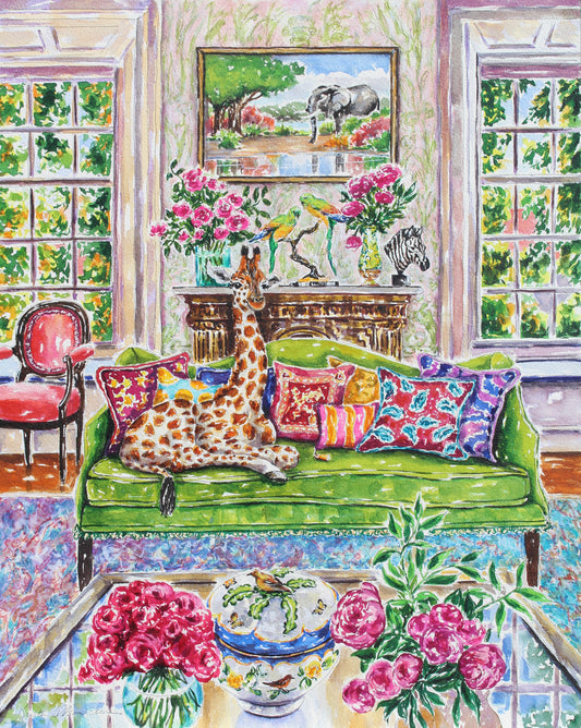A vibrant watercolor painting of a baby giraffe sitting on a green sofa in a room with colorful decor, including a statue of parrots and a zebra head, and a painting of an elephant in the background.  Wall decor for art collectors.
