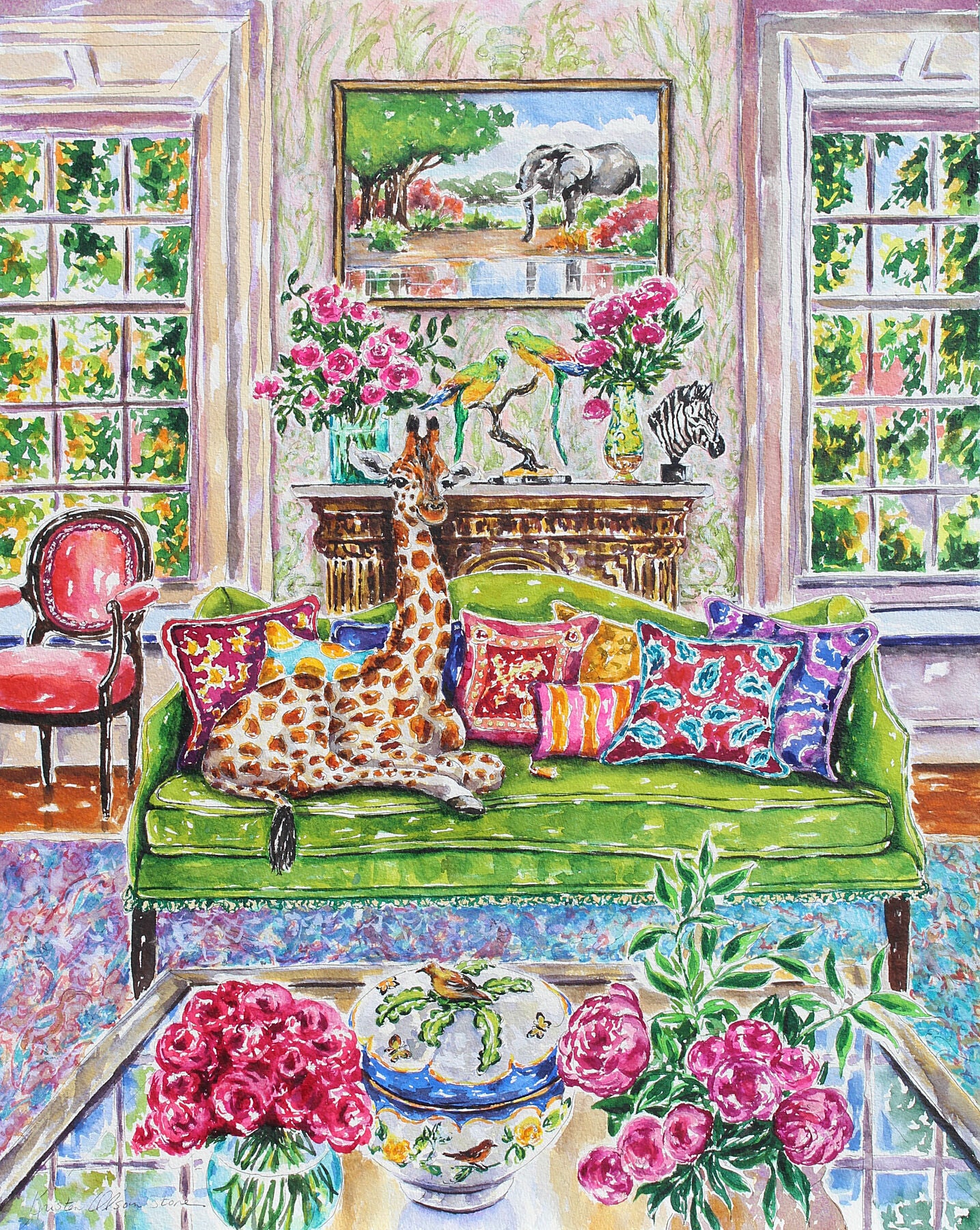 A watercolor painting of a giraffe is lounging on a green velvet sofa in a room with African animal decor including a zebra statue, an elephant painting and ceramic parrot sculpture. Wall decor for art collectors