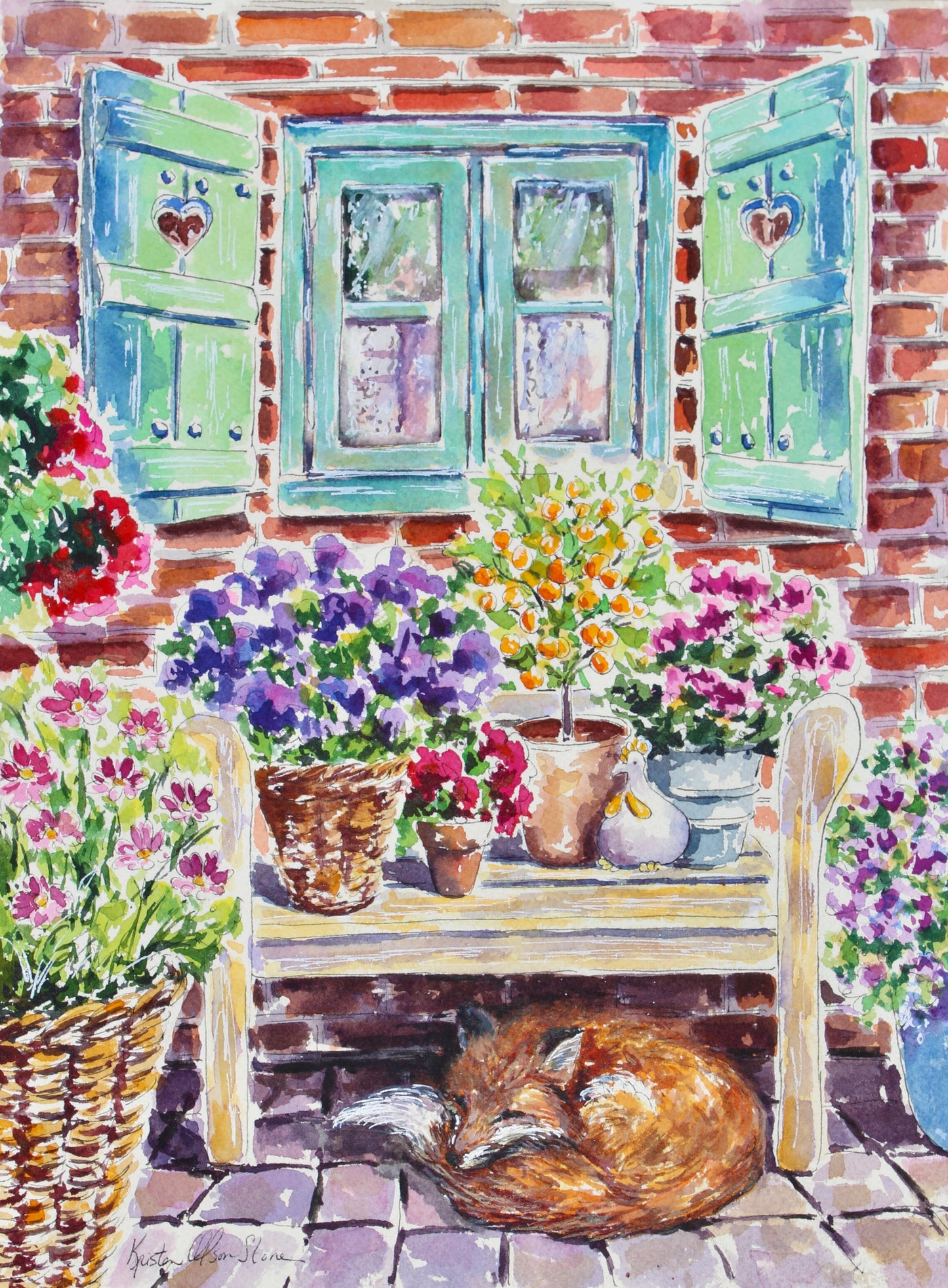 A vibrant watercolor painting of a fox sleeping under a bench with potted flowers and a ceramic chicken, with shutters in the background.  Wall decor for art collectors.
