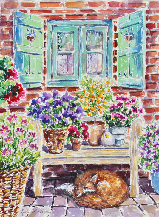 A vibrant watercolor painting of a fox sleeping under a bench with potted flowers and a ceramic chicken, with shutters in the background.  Wall decor for art collectors.
