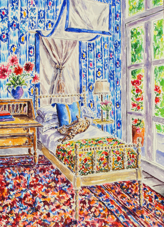 A watercolor painting of a Bengal cat stretched out in a maximalist style room with a garden view.  Wall decor for art collectors.