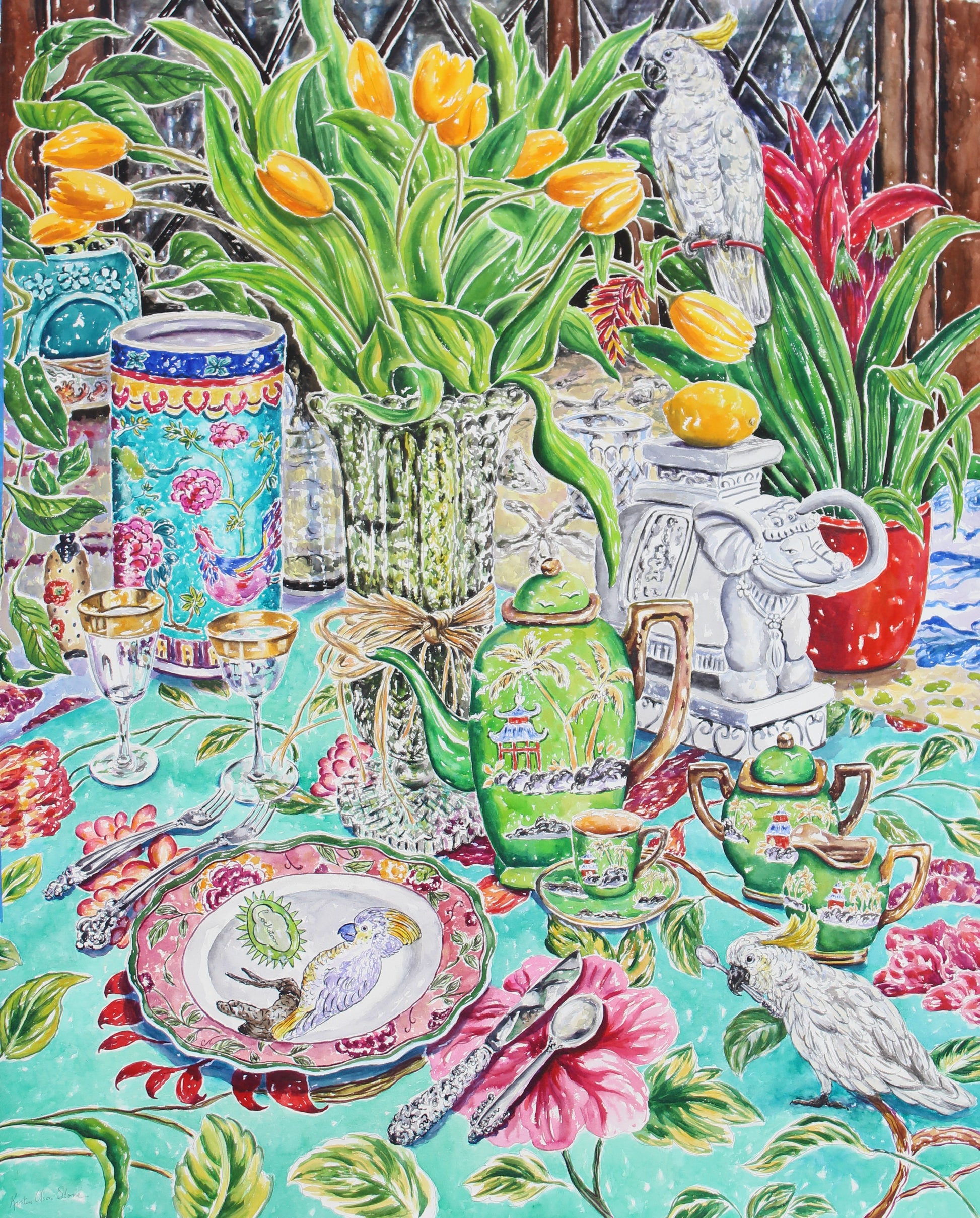A colorful watercolor painting of an eclectic table setting  with chinoiserie vases featuring two yellow crested white cockatoos, a crystal vase of yellow tulips, a lemon on an elephant sculpture, and various other decorative items on a table including a teal blue hibiscus tablecloth.  Wall decor for art lovers.