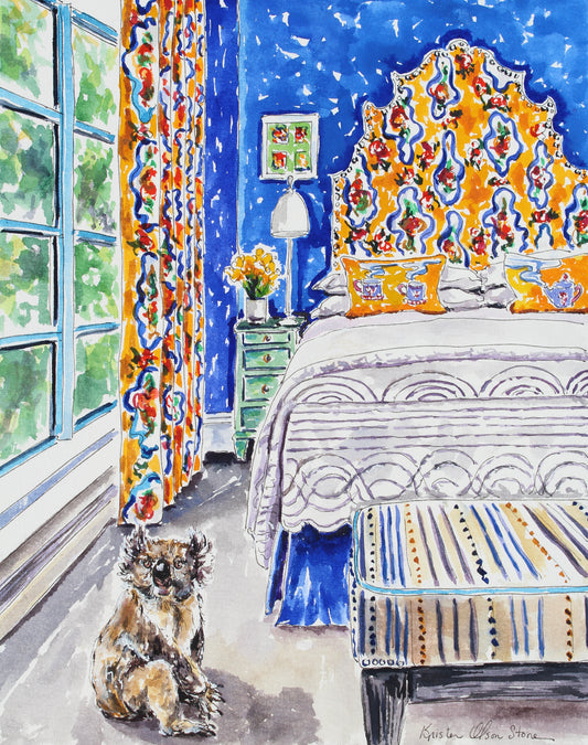 A watercolor painting of a koala bear sitting in a room with colorful floral wallpaper and an ornate bedroom set. Wall decor for art collectors.