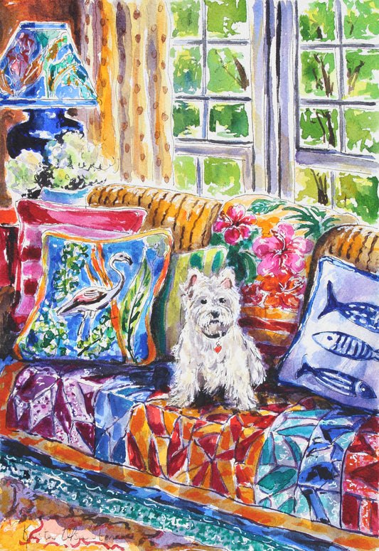 Colorful painting of a Westie dog sitting on a patterned sofa with decorative cushions. Wall decor for art collectors.