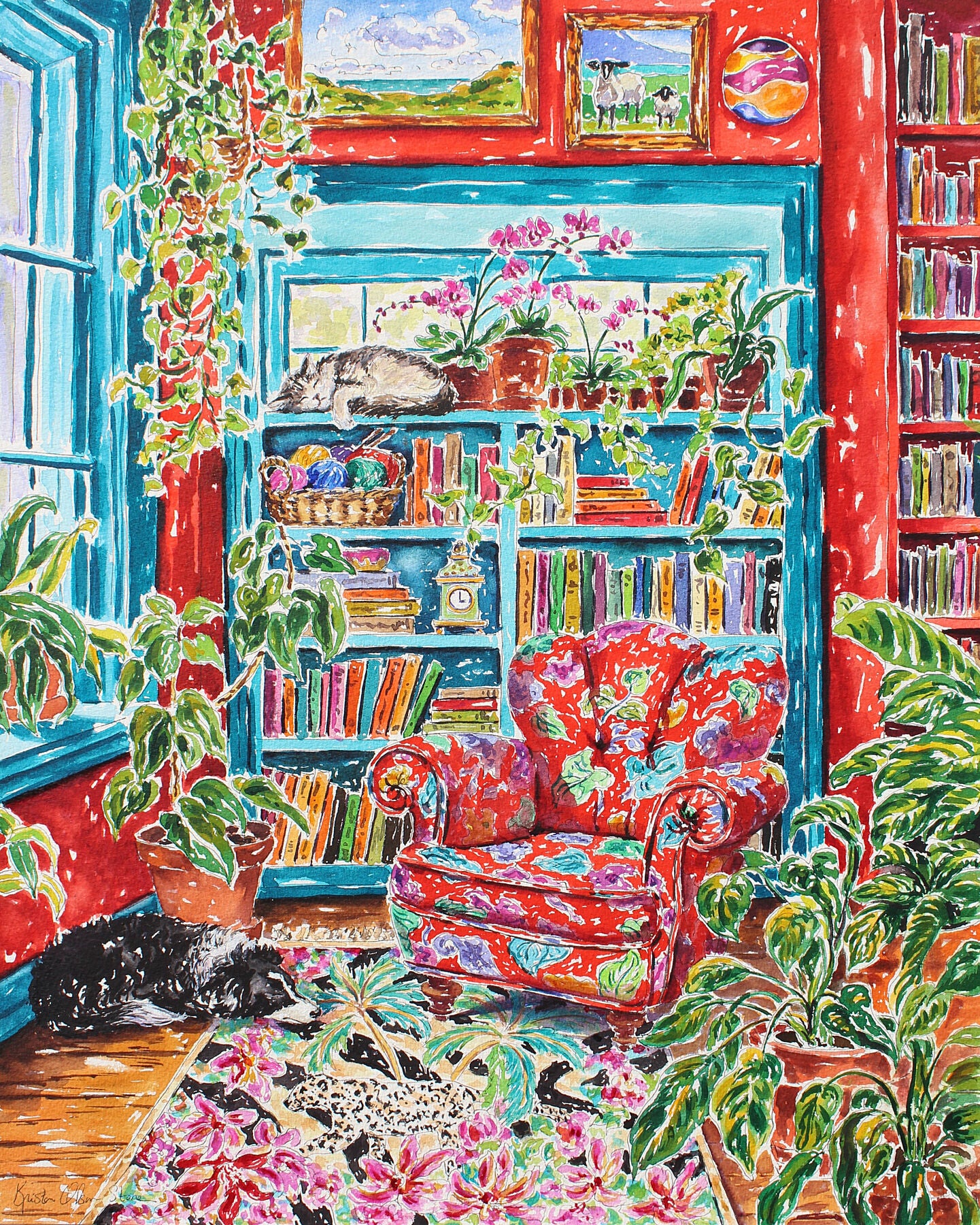 A watercolor painting of a red and teal interior cozy reading room with a border collie dog rests on the floor while a cat sleeps on a shelf in front of a window.  This painting includes a basket of knitting needles a sheep painting and a leopard print tropical palm rug.  Wall decor for art collectors