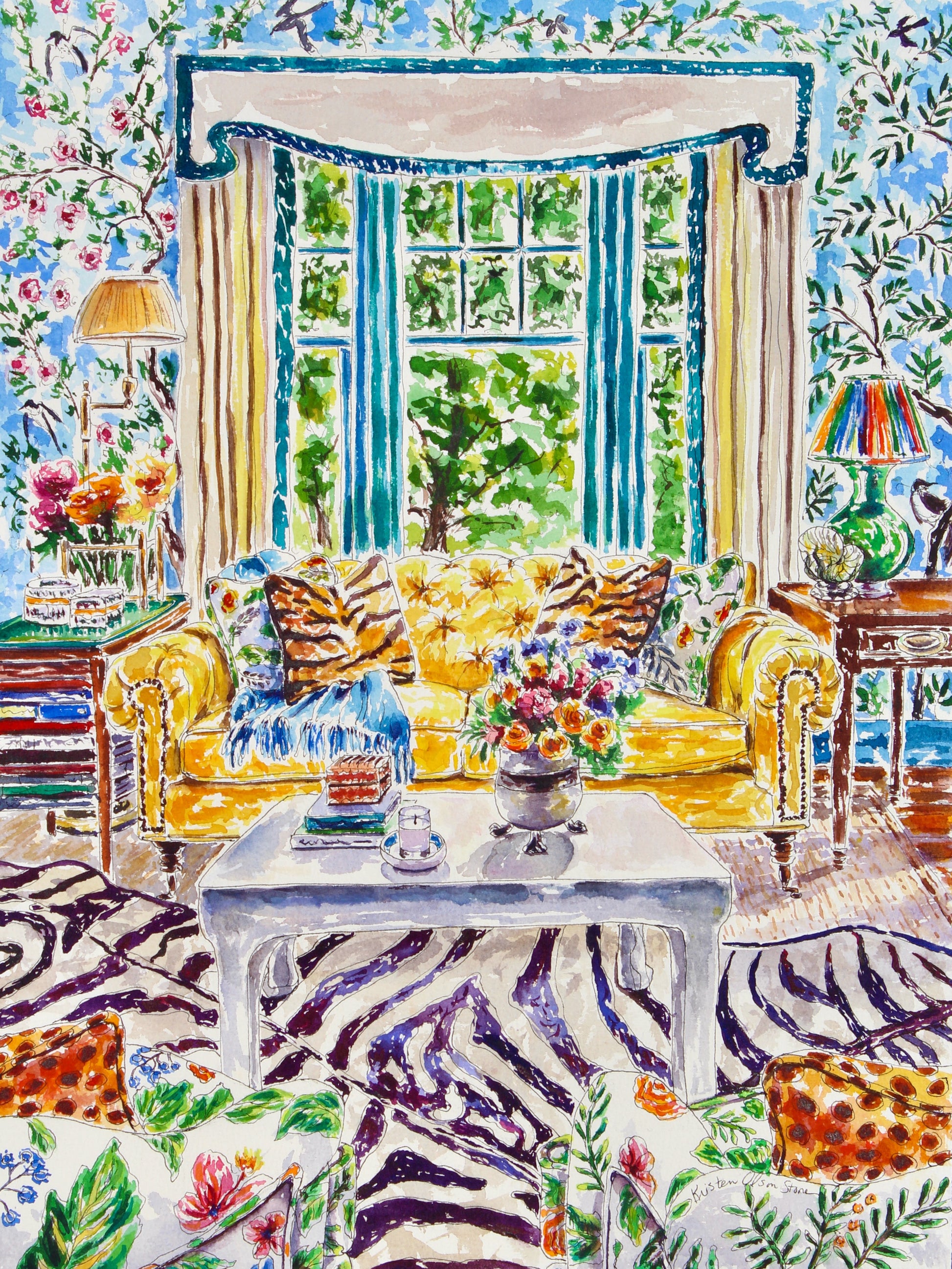 A watercolor painting of a maximalist style room with a yellow sofa and a zebra print rug.  Wall decor for art collectors.
