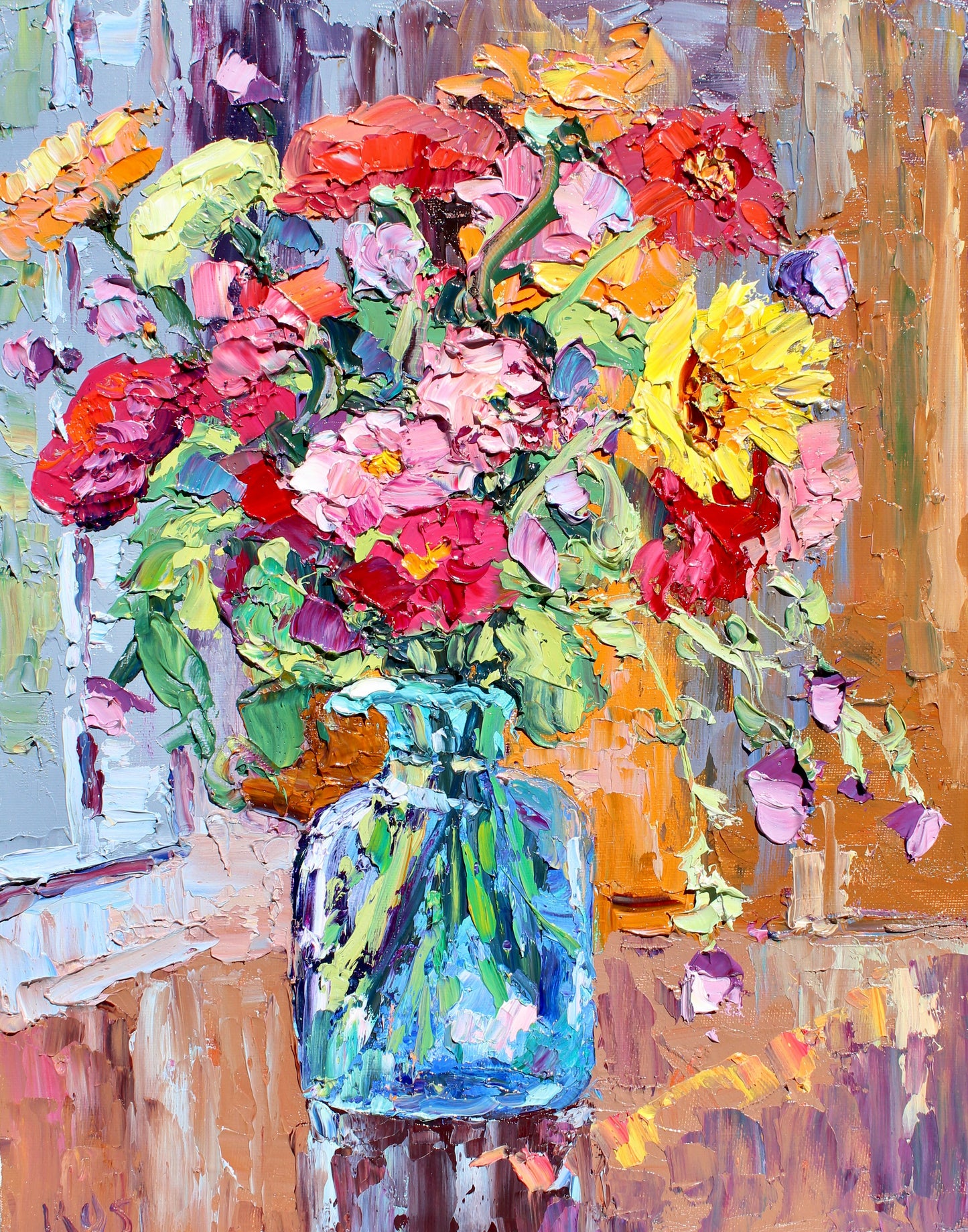 Colorful bouquet of flowers in a teal blue vase on a textured surface.  Wall decor for art collectors.