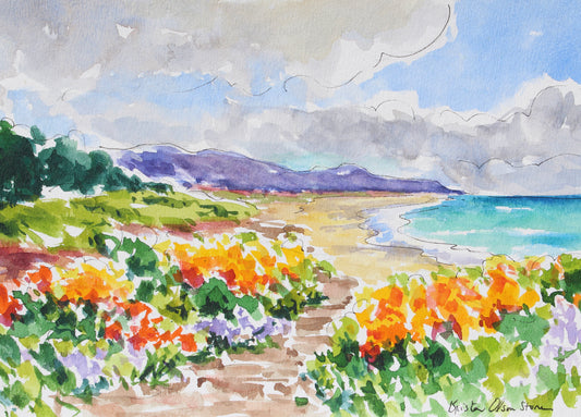 An original watercolor painting of a path to the beach in Carmel through a bed of wildflowers including California poppies.   Wall decor for art lovers.