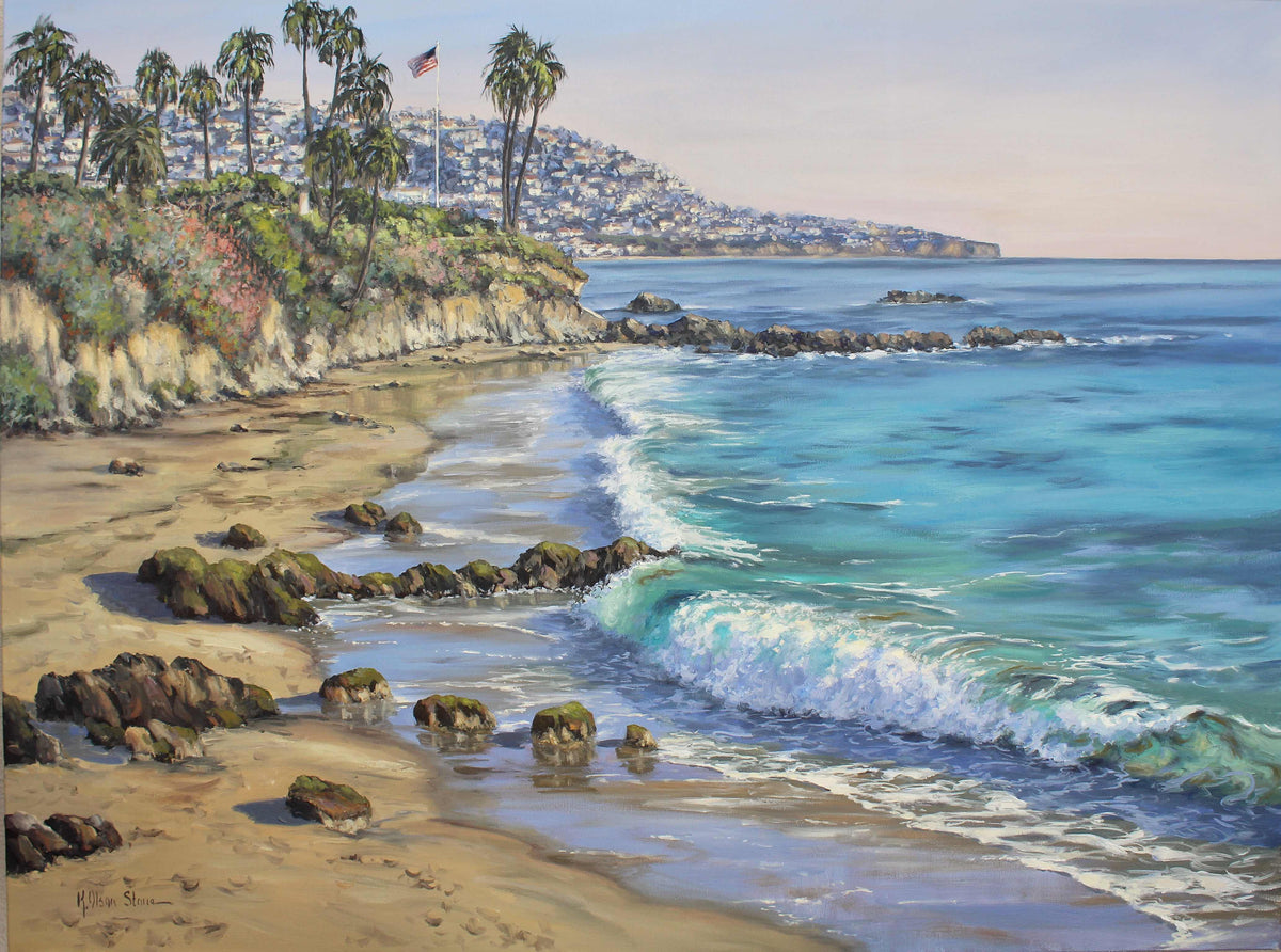 An original oil painting depicting a vibrant seascape with a beach, cliff, palm trees, and a distant cityscape under a clear blue sky.