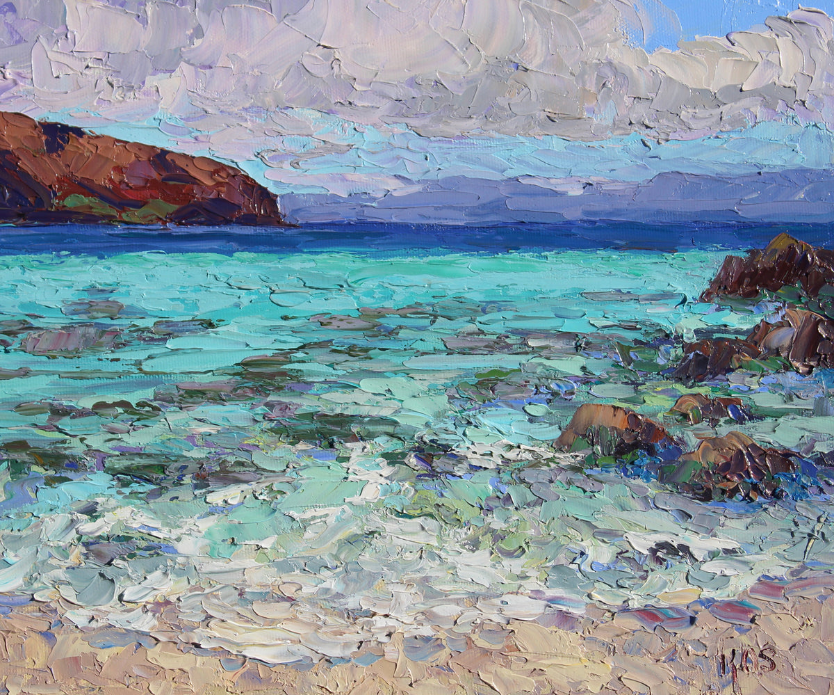 An original oil painting of Balandra Bay in Baja California Sur BCS Mexico.  Teal and deep blue water are framed by the red-toned coastal hills.