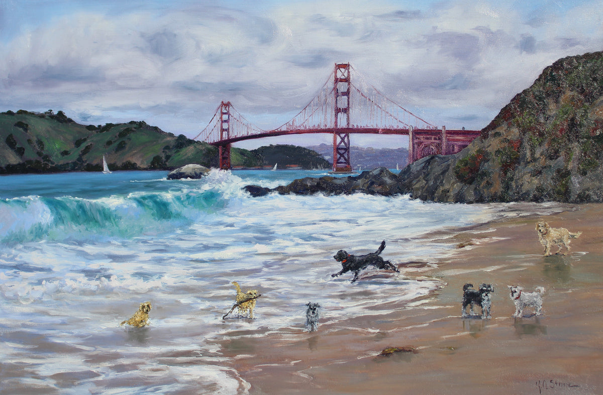 An oil painting depicting a group of dogs including schnauzers, black and yellow labrador retrievers, a bischon and a golden doodle playing on a beach near the Golden Gate Bridge with a scenic background.