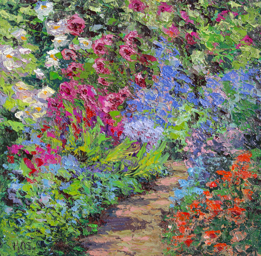 An original oil painting on canvas titled 'Country Garden' featuring a vibrant and colorful garden scene with various flowers and foliage.