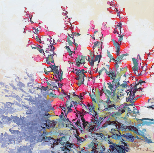 An oil painting of penstemon flowers with red and pink hues, textured strokes, and green foliage on a white background.