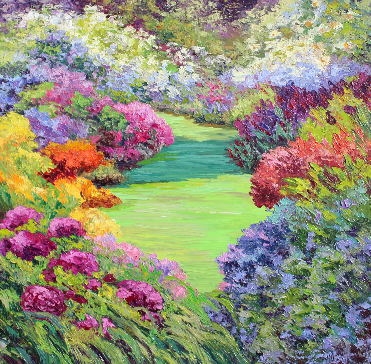 An original contemporary-impressionist garden landscape oil painting on canvas, featuring a vibrant and colorful array of flowers and greenery.